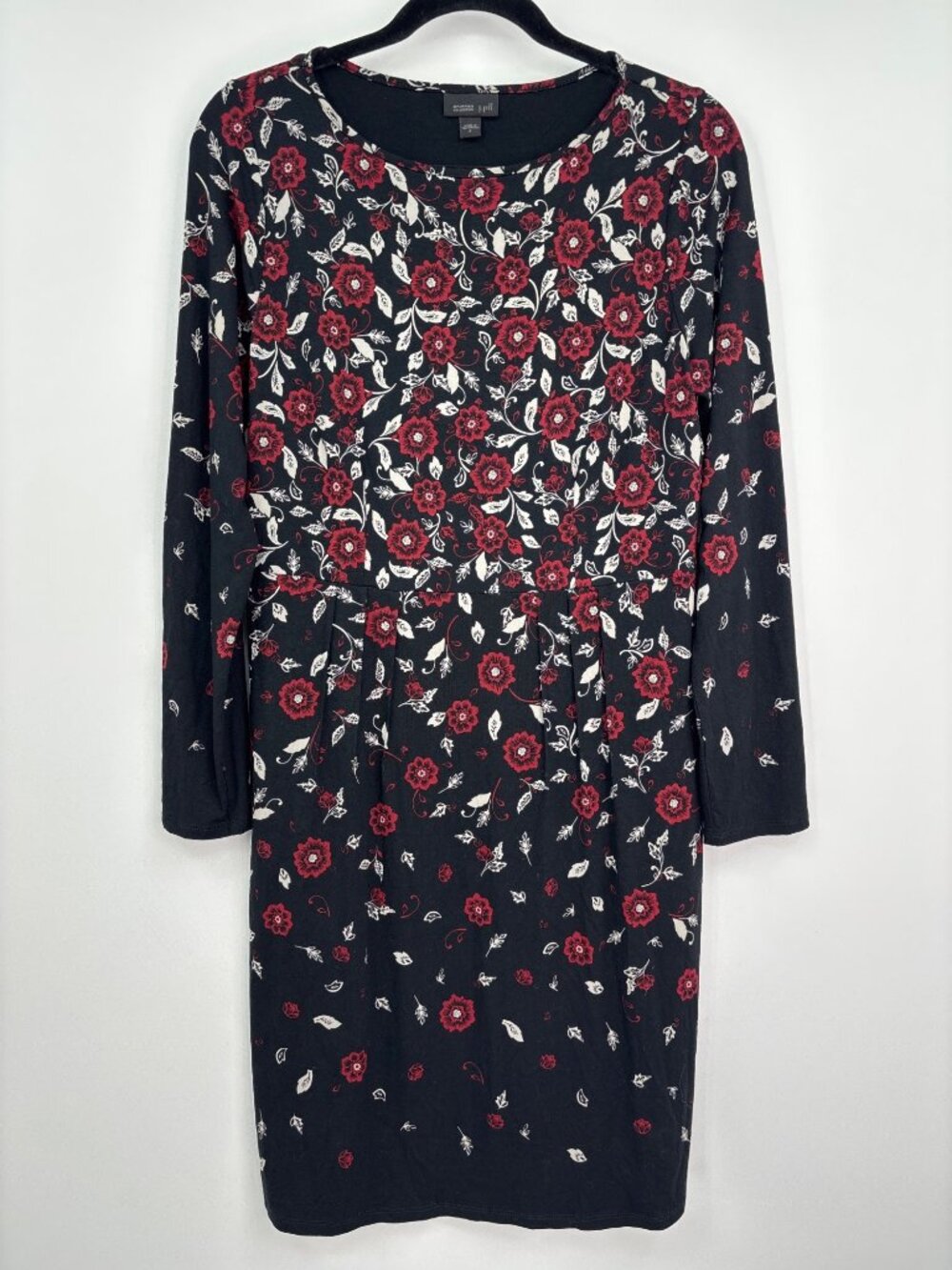 J. Jill Wearever Stretch Floral Long Sleeve Dress Black Red Size Small